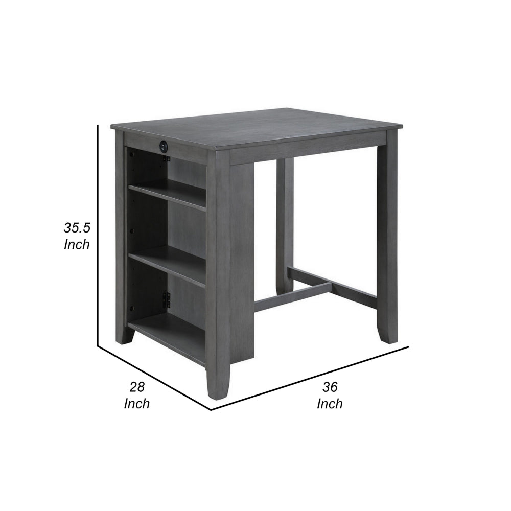 Benjara Ham 36 Inch Counter Height Small Dining Table with Shelves, USB Port, Gray