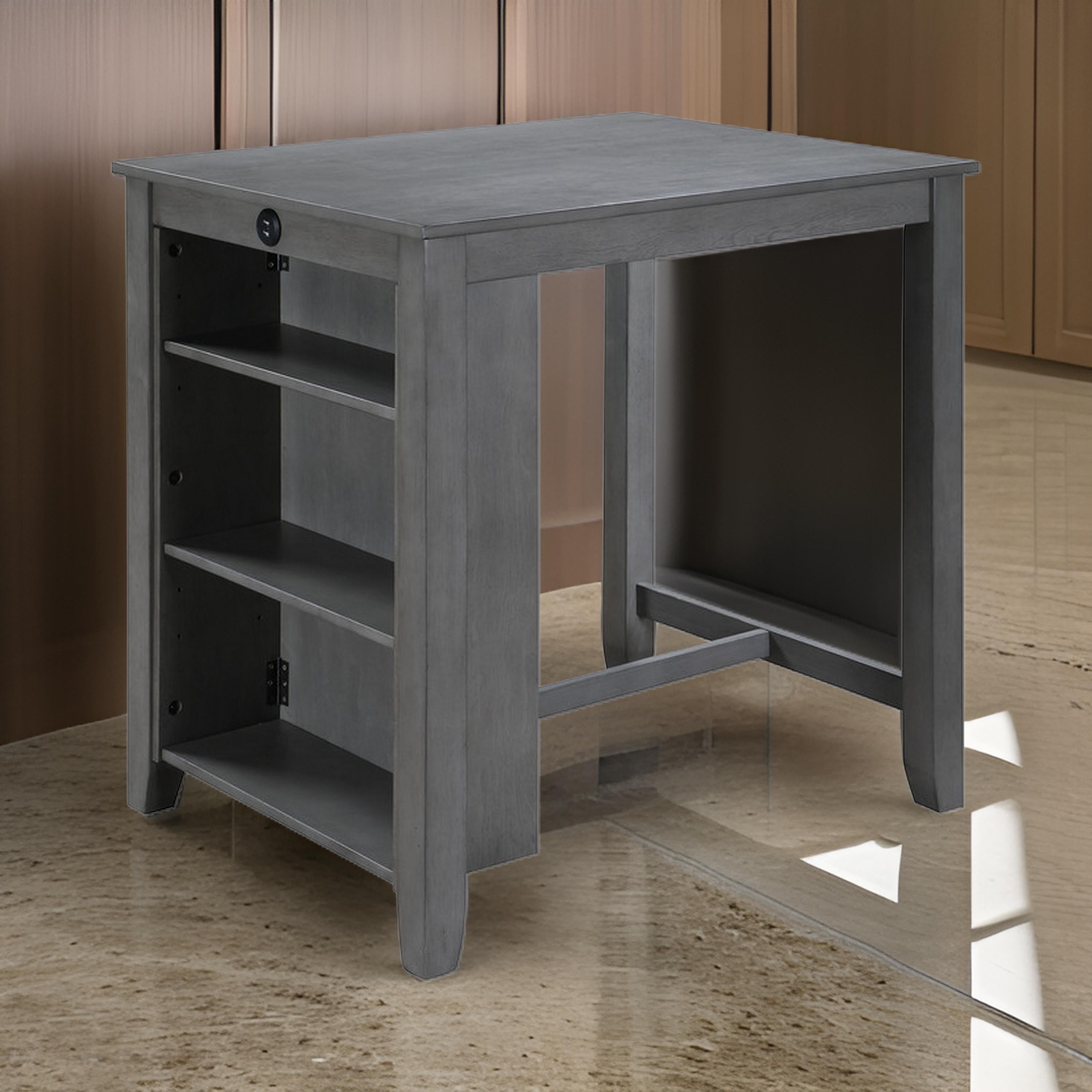 Benjara Ham 36 Inch Counter Height Small Dining Table with Shelves, USB Port, Gray