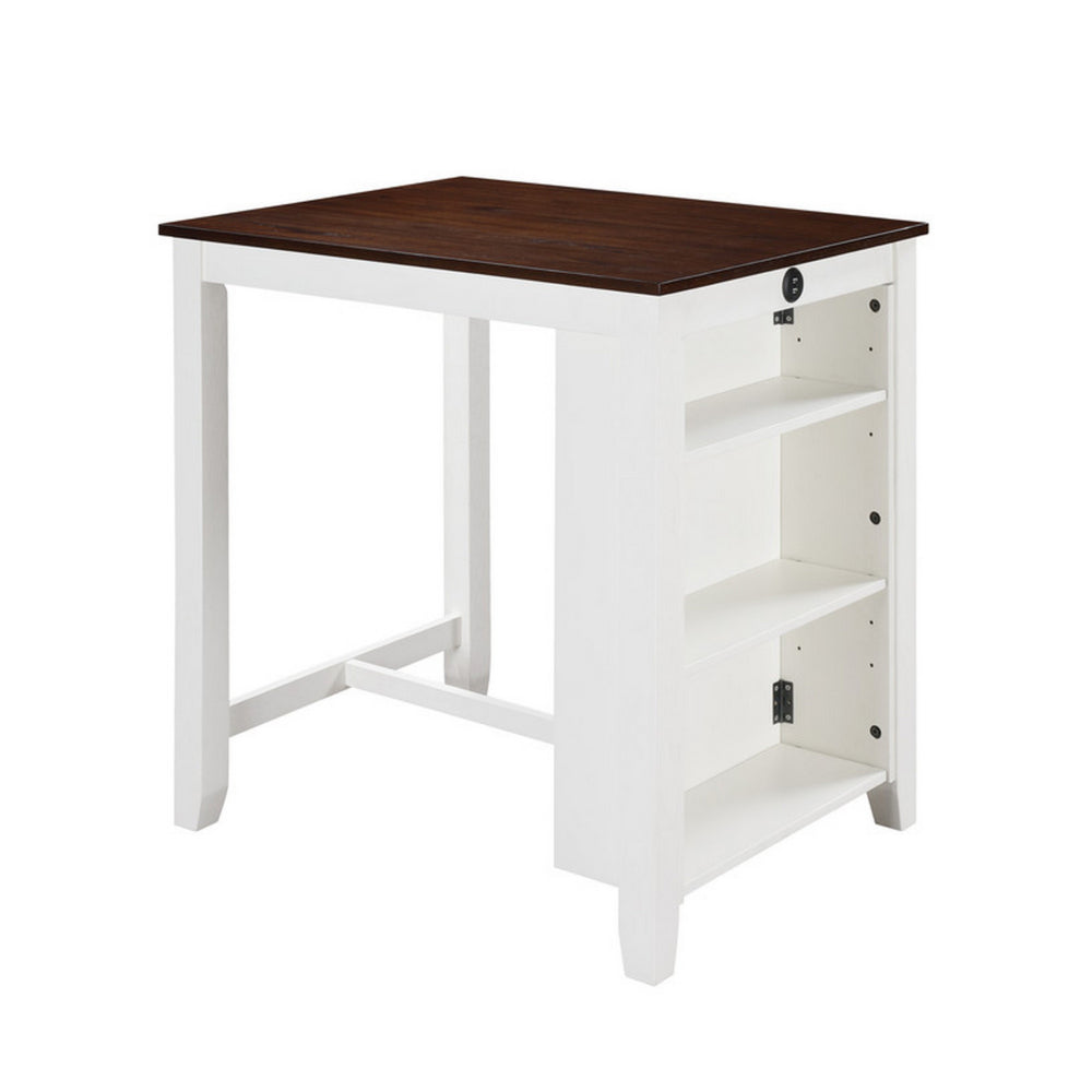 Benjara Ham 36 Inch Counter Height Small Dining Table with Shelves, USB Port, White