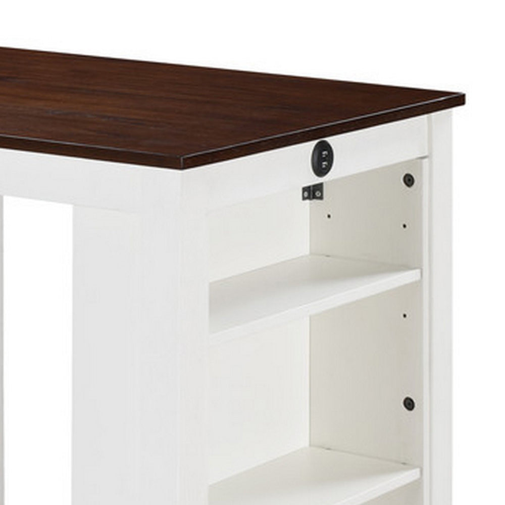 Benjara Ham 36 Inch Counter Height Small Dining Table with Shelves, USB Port, White