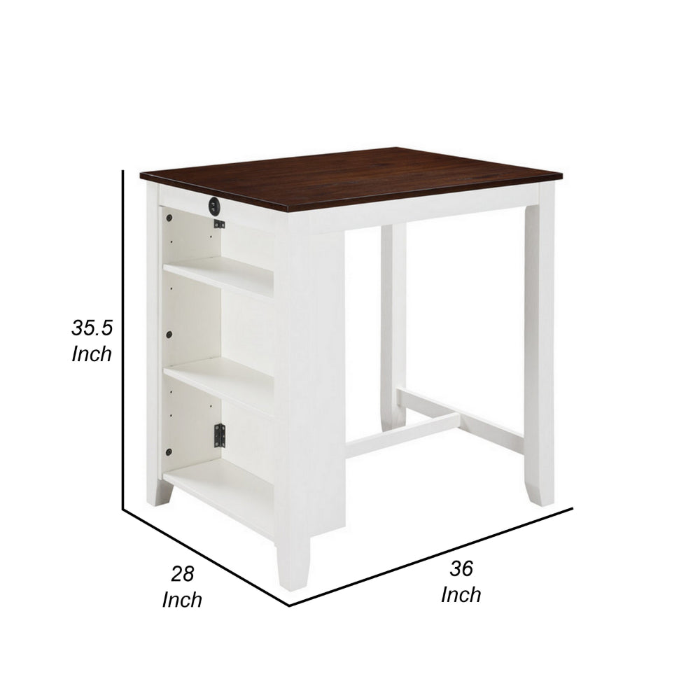 Benjara Ham 36 Inch Counter Height Small Dining Table with Shelves, USB Port, White