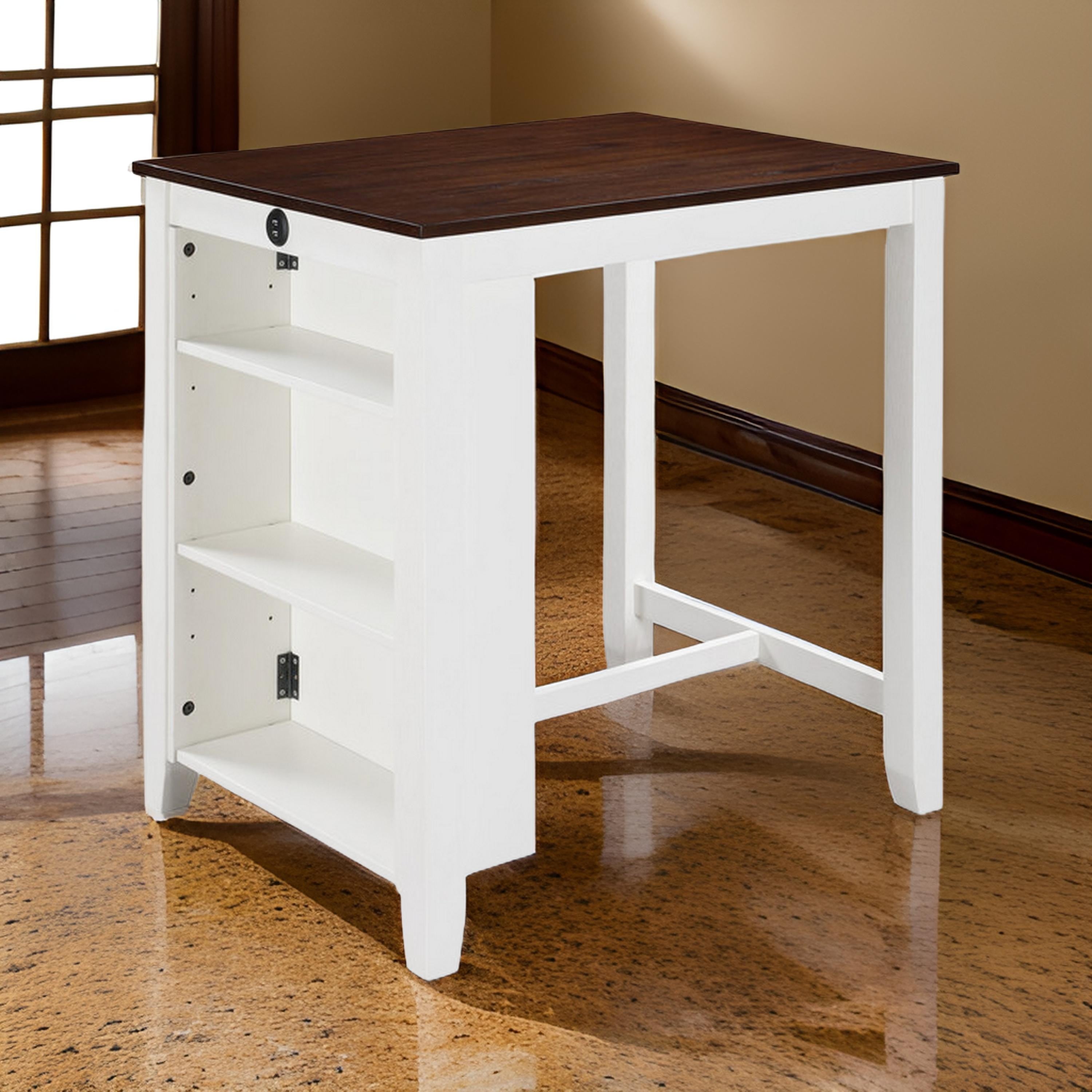 Benjara Ham 36 Inch Counter Height Small Dining Table with Shelves, USB Port, White