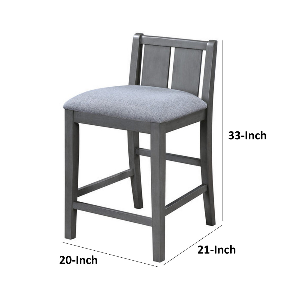 Benjara Ham 25 Inch Counter Height Chair Set of 2, Gray Upholstery, Solid Wood
