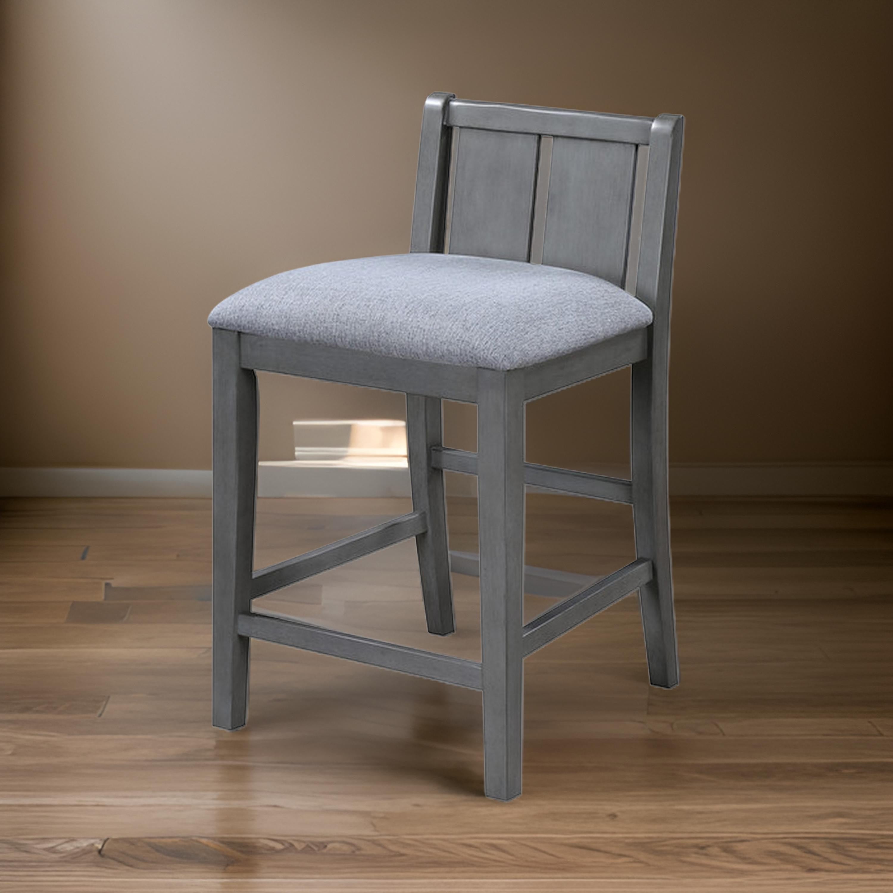 Benjara Ham 25 Inch Counter Height Chair Set of 2, Gray Upholstery, Solid Wood