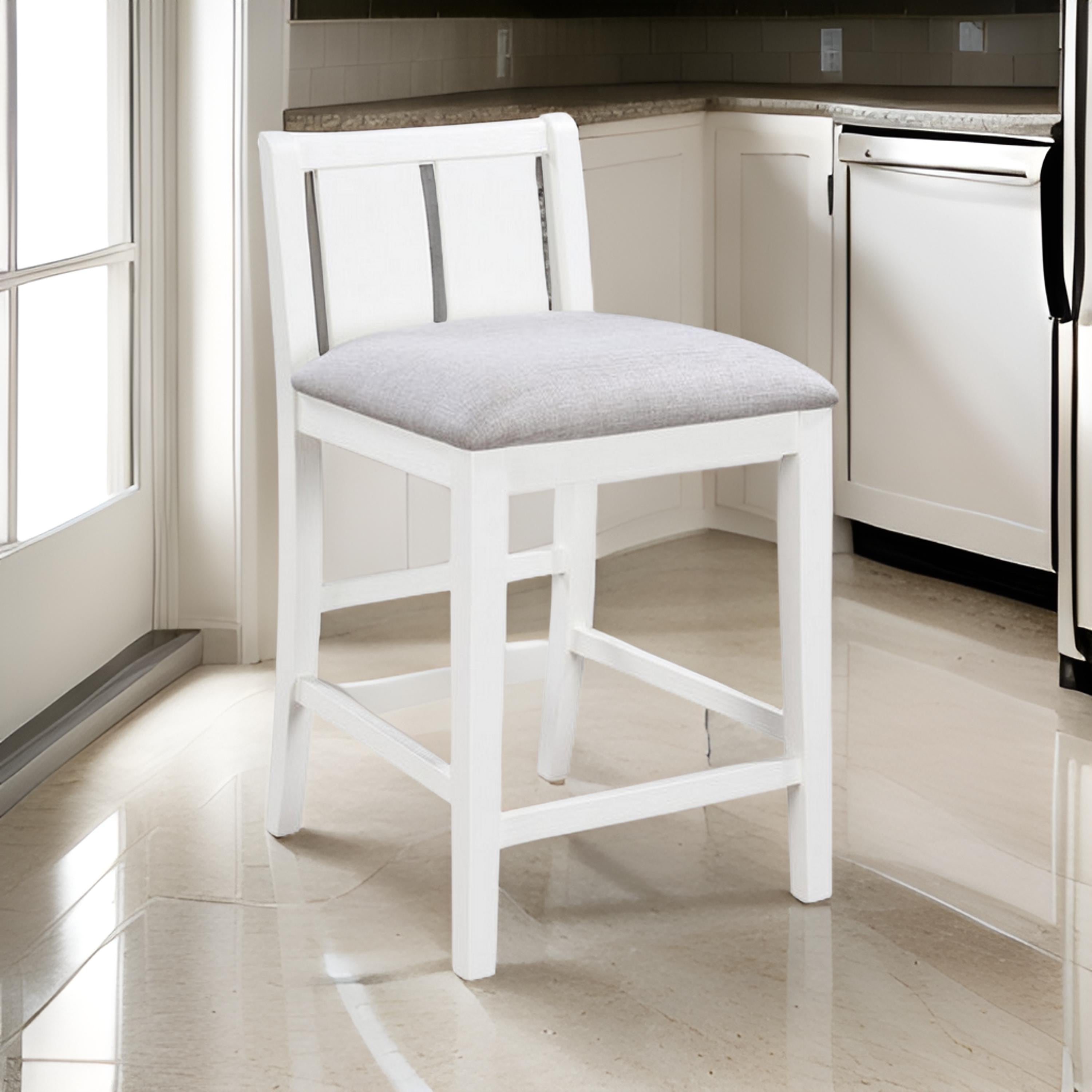 Benjara Ham 25 Inch Counter Height Chair Set of 2, Cream Fabric, White Wood Finish