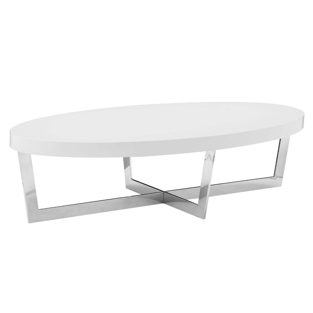 Benjara Tini 55 Inch Coffee Table, Oval Shaped Top, Metal Frame, White Finish