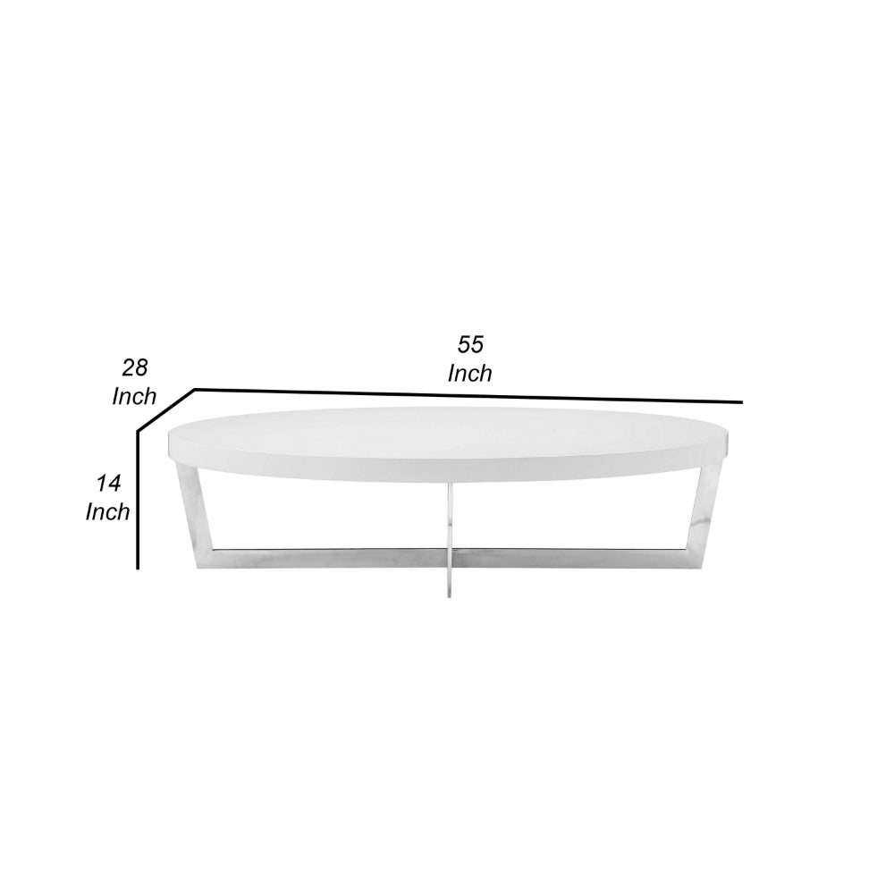 Benjara Tini 55 Inch Coffee Table, Oval Shaped Top, Metal Frame, White Finish