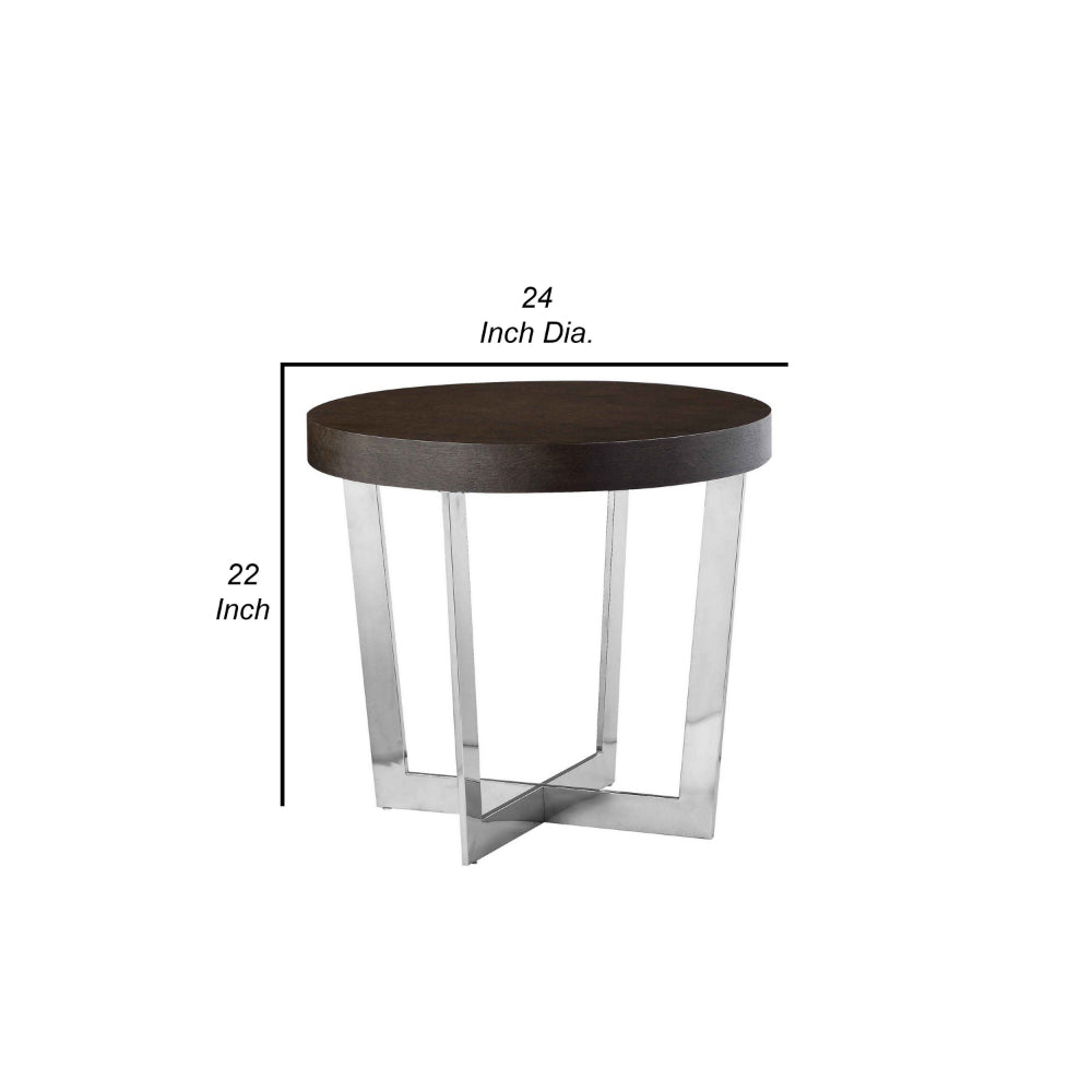 Benjara Tini 24 Inch Side End Table, Round Shaped Top, Metal Frame, Espresso Brown