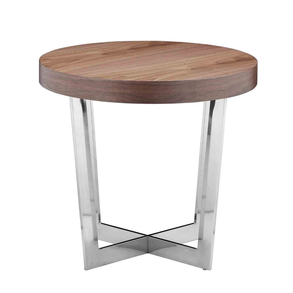 Benjara Tini 24 Inch Side End Table, Round Shaped Top, Metal Frame, Walnut Brown