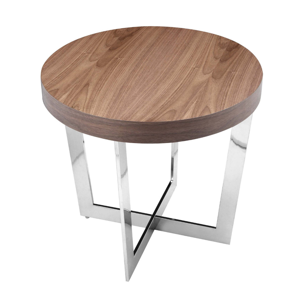 Benjara Tini 24 Inch Side End Table, Round Shaped Top, Metal Frame, Walnut Brown