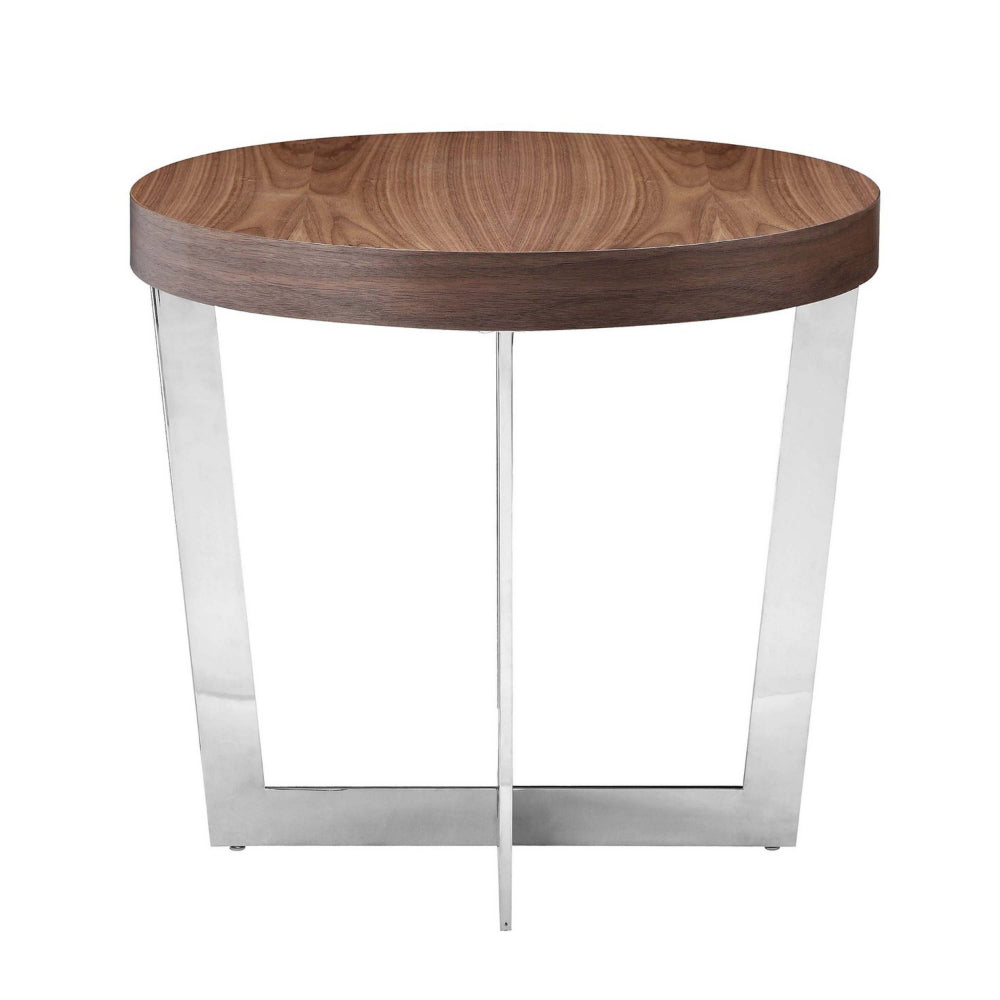 Benjara Tini 24 Inch Side End Table, Round Shaped Top, Metal Frame, Walnut Brown