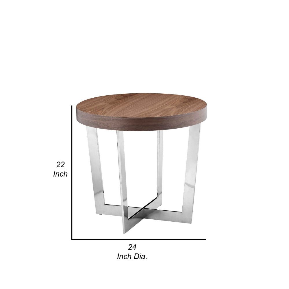 Benjara Tini 24 Inch Side End Table, Round Shaped Top, Metal Frame, Walnut Brown