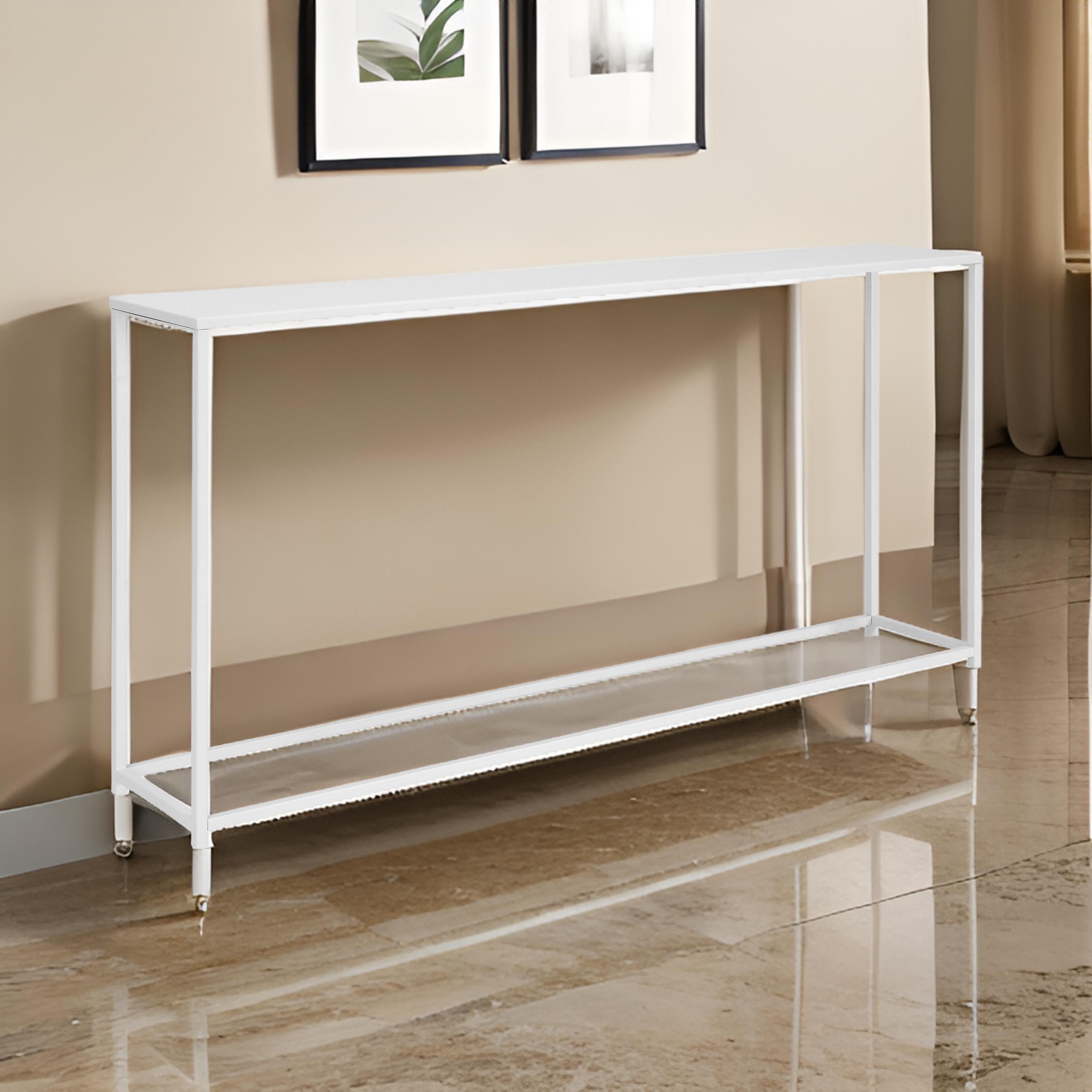 Benjara Eme 56 Inch Console Table, Rectangular Top, White Finish Metal Frame