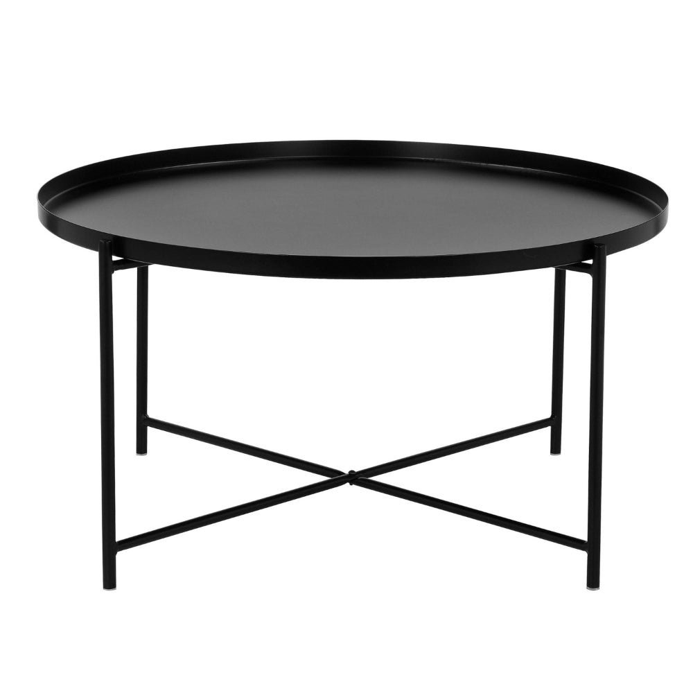 Benjara Ely 33 Inch Coffee Table, Round Tray Top, Cross Base, Black Metal Finish