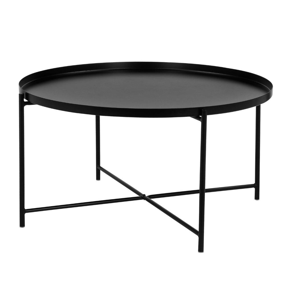 Benjara Ely 33 Inch Coffee Table, Round Tray Top, Cross Base, Black Metal Finish