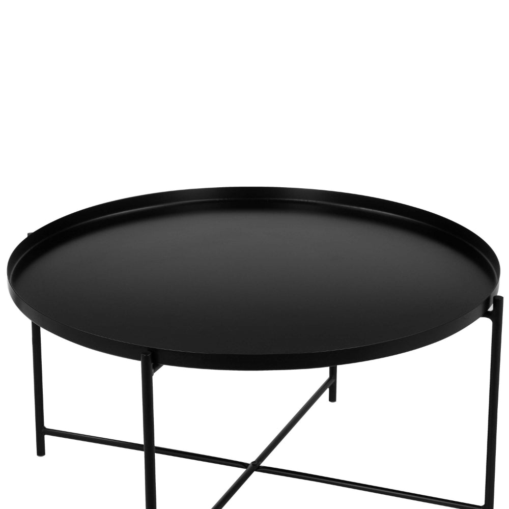 Benjara Ely 33 Inch Coffee Table, Round Tray Top, Cross Base, Black Metal Finish
