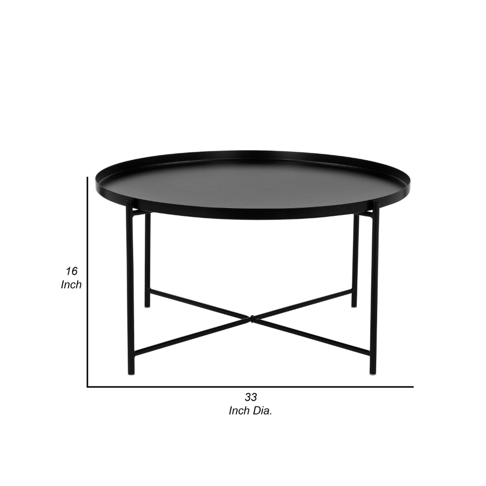 Benjara Ely 33 Inch Coffee Table, Round Tray Top, Cross Base, Black Metal Finish