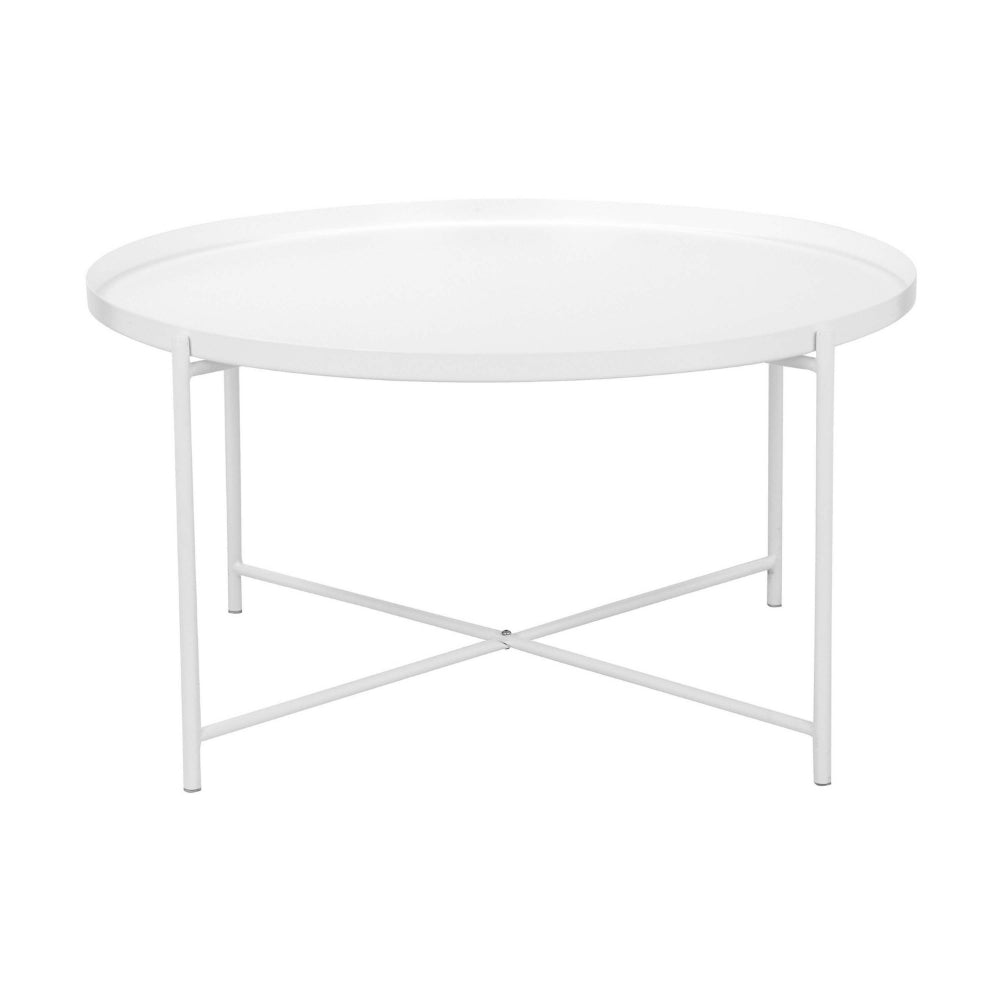 Benjara Ely 33 Inch Coffee Table, Round Top with Cross Base, White Metal Finish