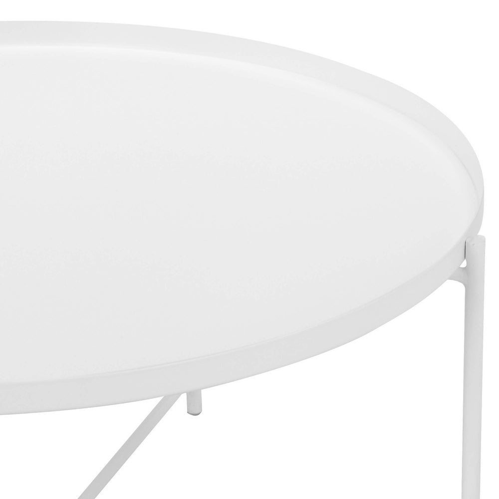Benjara Ely 33 Inch Coffee Table, Round Top with Cross Base, White Metal Finish