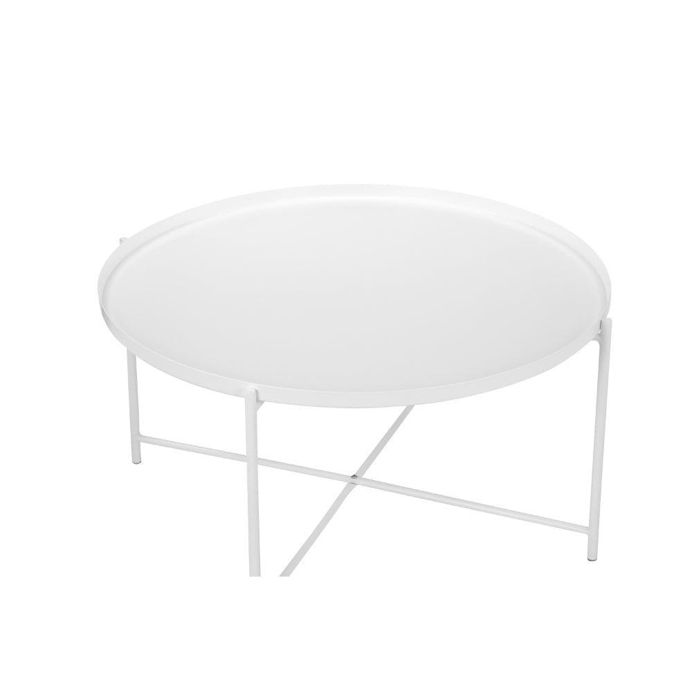 Benjara Ely 33 Inch Coffee Table, Round Top with Cross Base, White Metal Finish