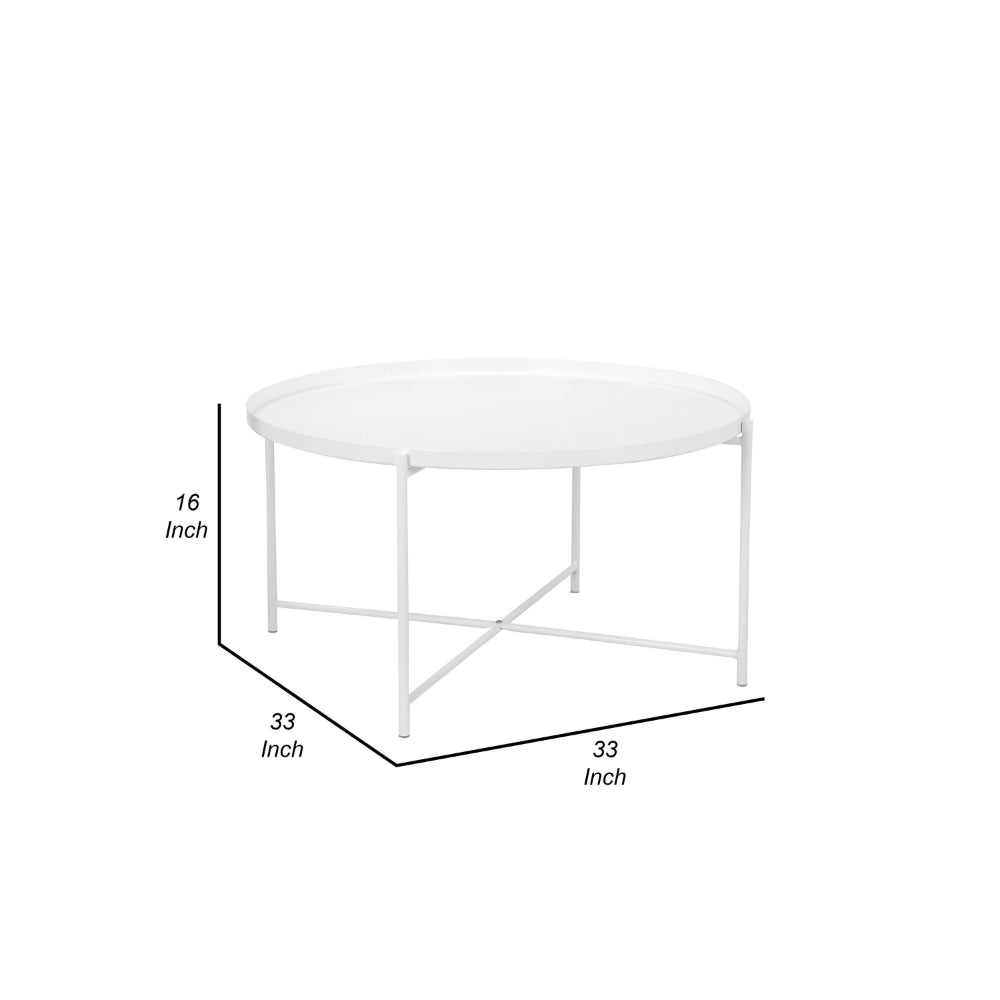 Benjara Ely 33 Inch Coffee Table, Round Top with Cross Base, White Metal Finish