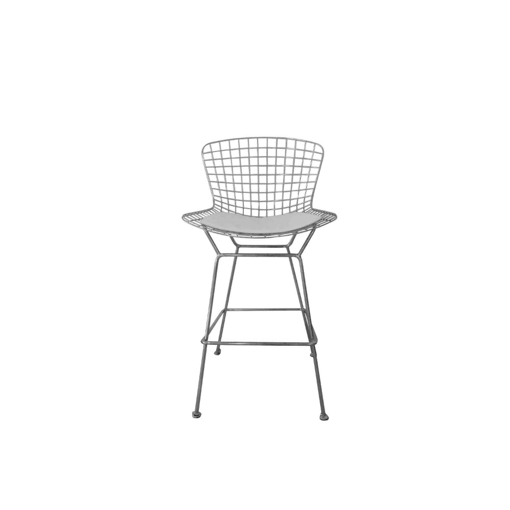 Benjara Hely 28 Inch Barstool Set of 2, Chrome Wire, Black, White Faux Leather Seat