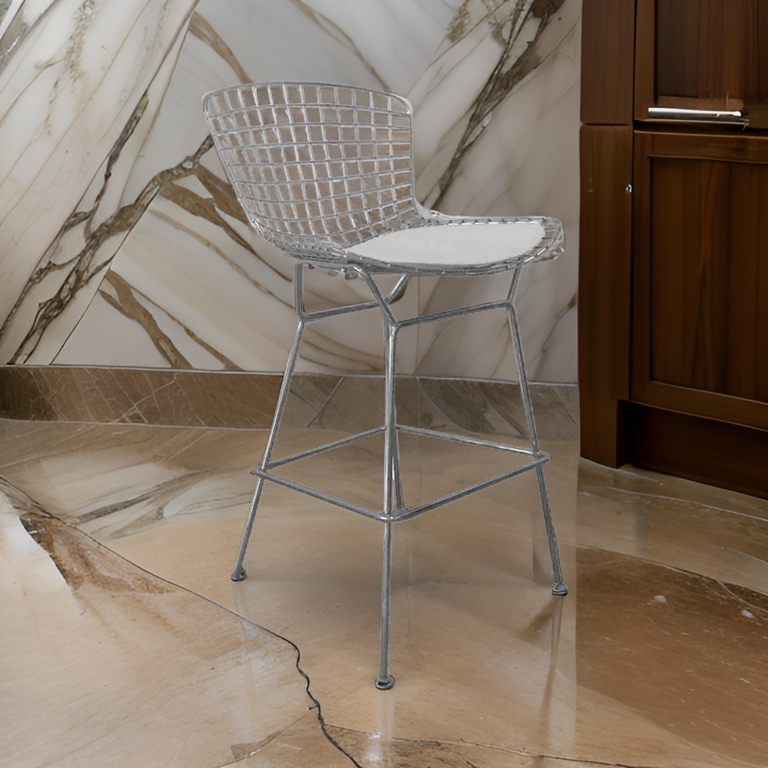 Benjara Hely 28 Inch Barstool Set of 2, Chrome Wire, Black, White Faux Leather Seat
