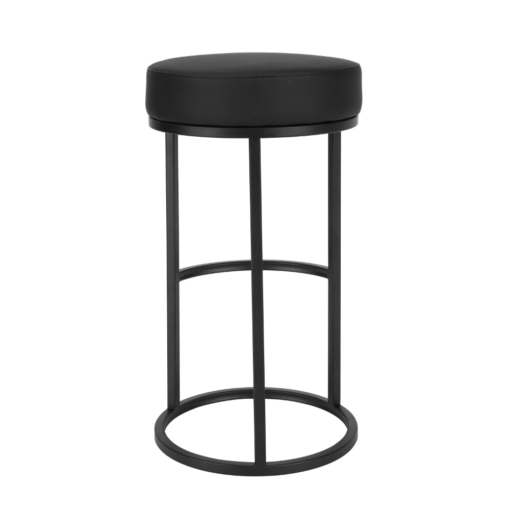 Benjara Tane 30 Inch Barstool, Round Black Faux Leather Padded Seat, Black Metal