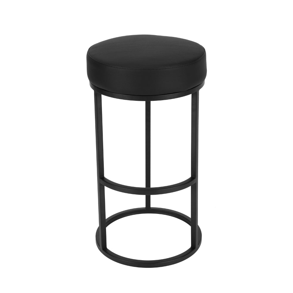 Benjara Tane 30 Inch Barstool, Round Black Faux Leather Padded Seat, Black Metal