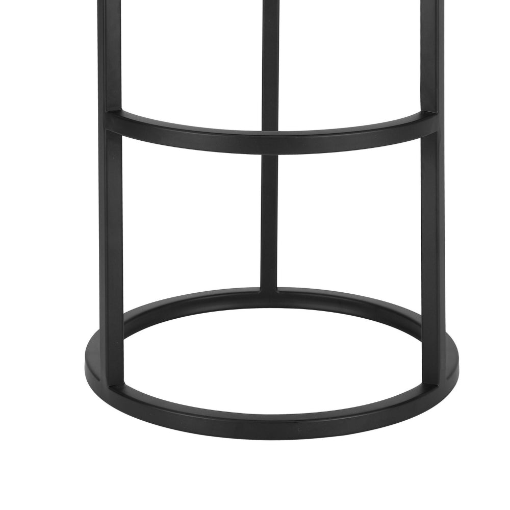 Benjara Tane 30 Inch Barstool, Round Black Faux Leather Padded Seat, Black Metal
