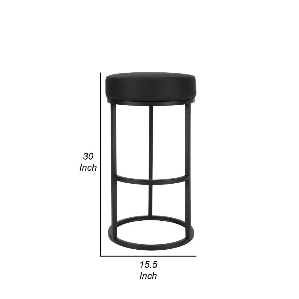 Benjara Tane 30 Inch Barstool, Round Black Faux Leather Padded Seat, Black Metal