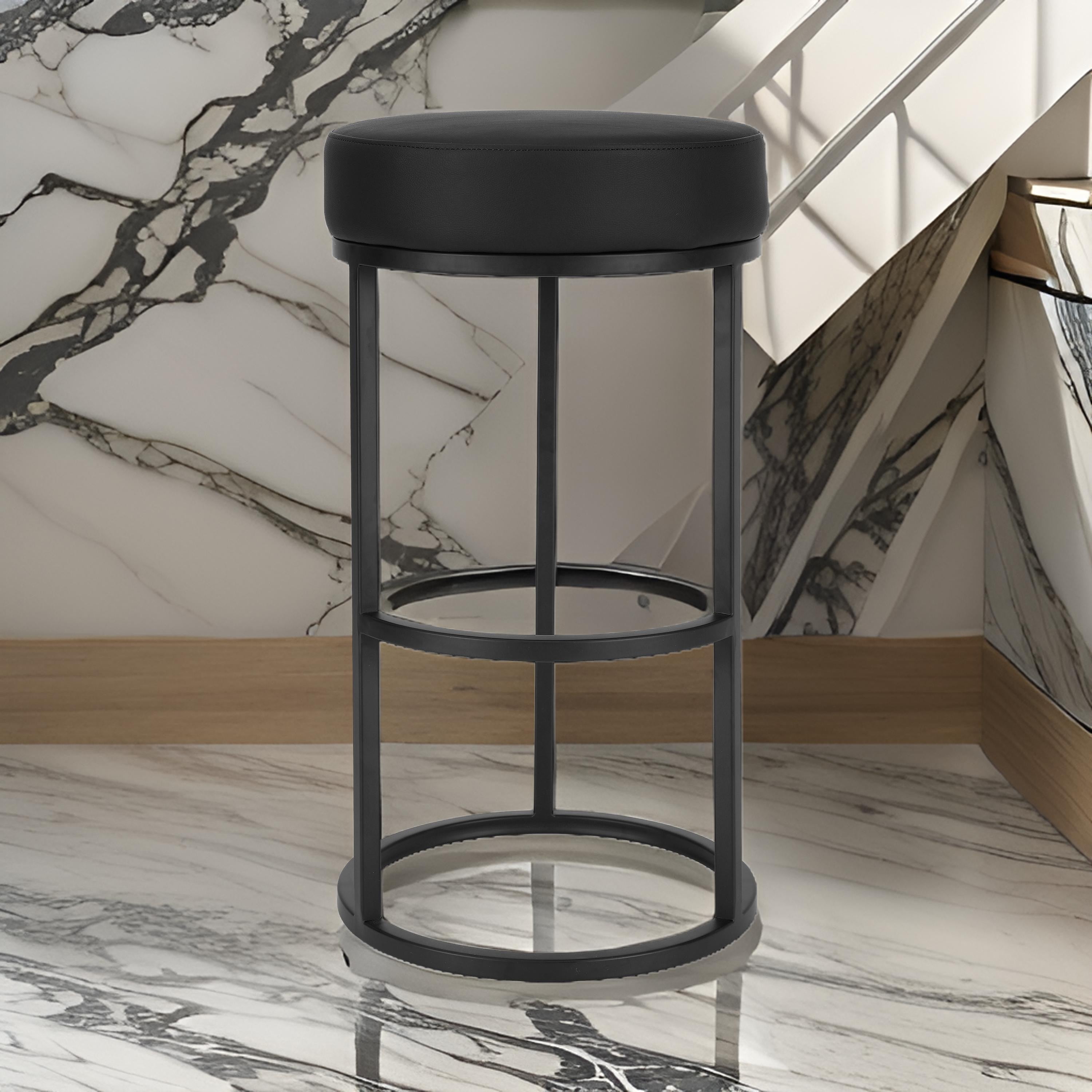 Benjara Tane 30 Inch Barstool, Round Black Faux Leather Padded Seat, Black Metal