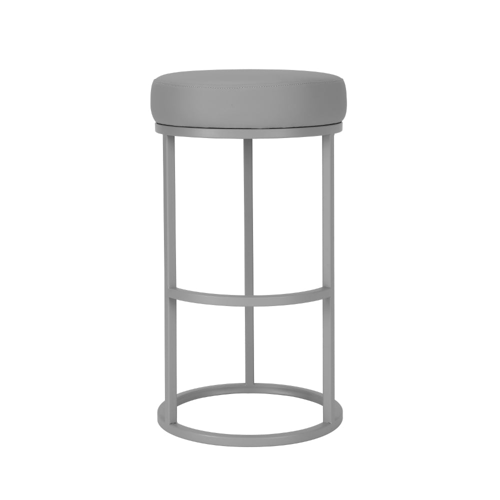 Benjara Tane 30 Inch Barstool, Round Gray Faux Leather Padded Seat, Gray Metal Base