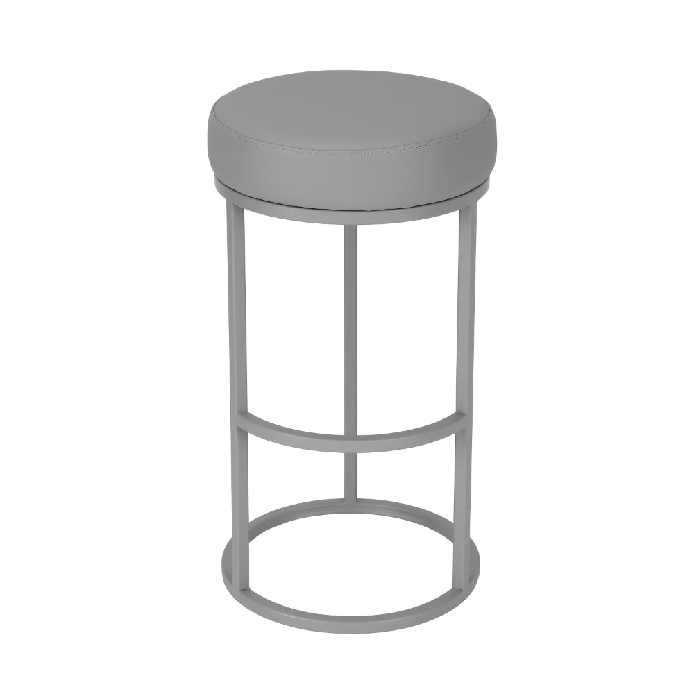 Benjara Tane 30 Inch Barstool, Round Gray Faux Leather Padded Seat, Gray Metal Base