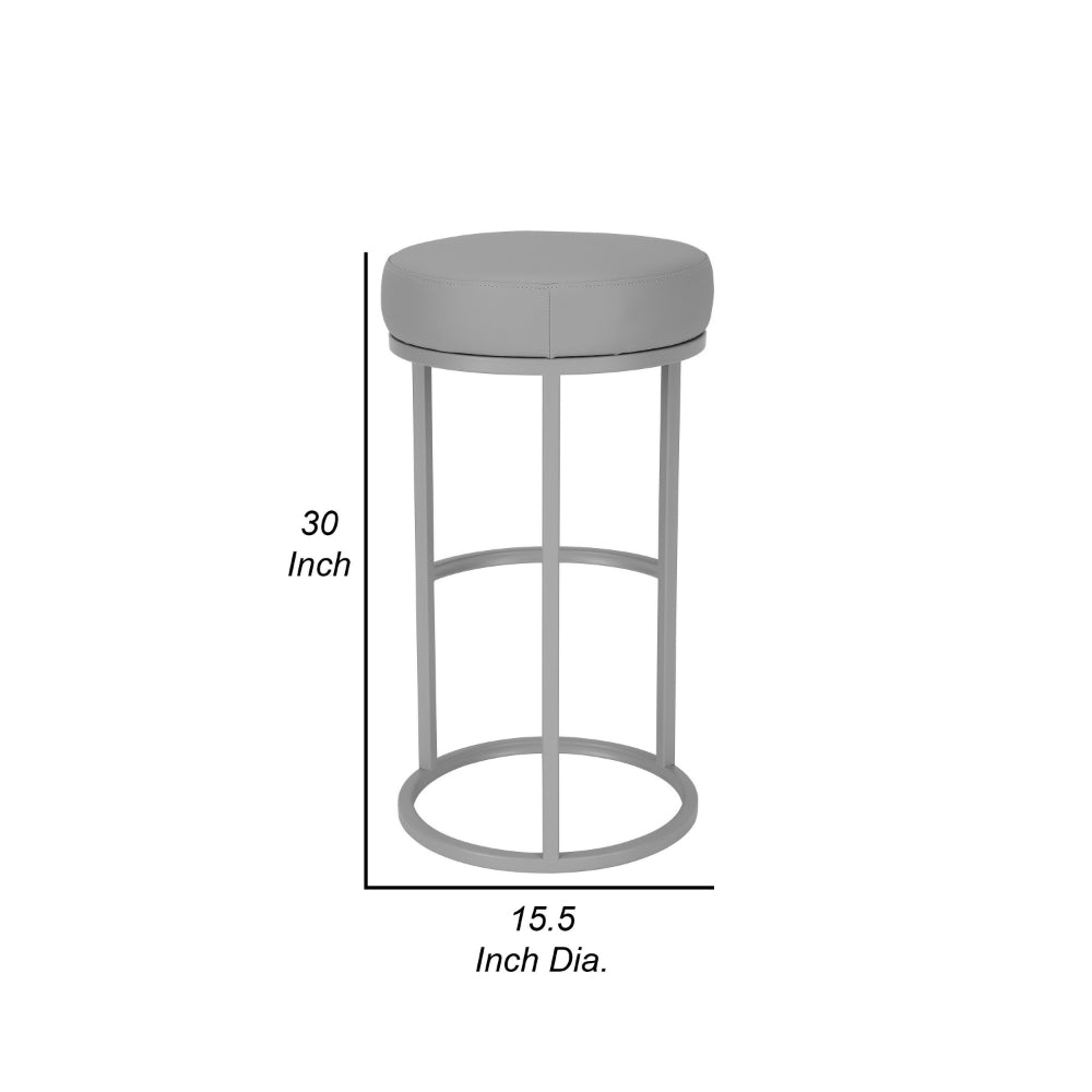 Benjara Tane 30 Inch Barstool, Round Gray Faux Leather Padded Seat, Gray Metal Base