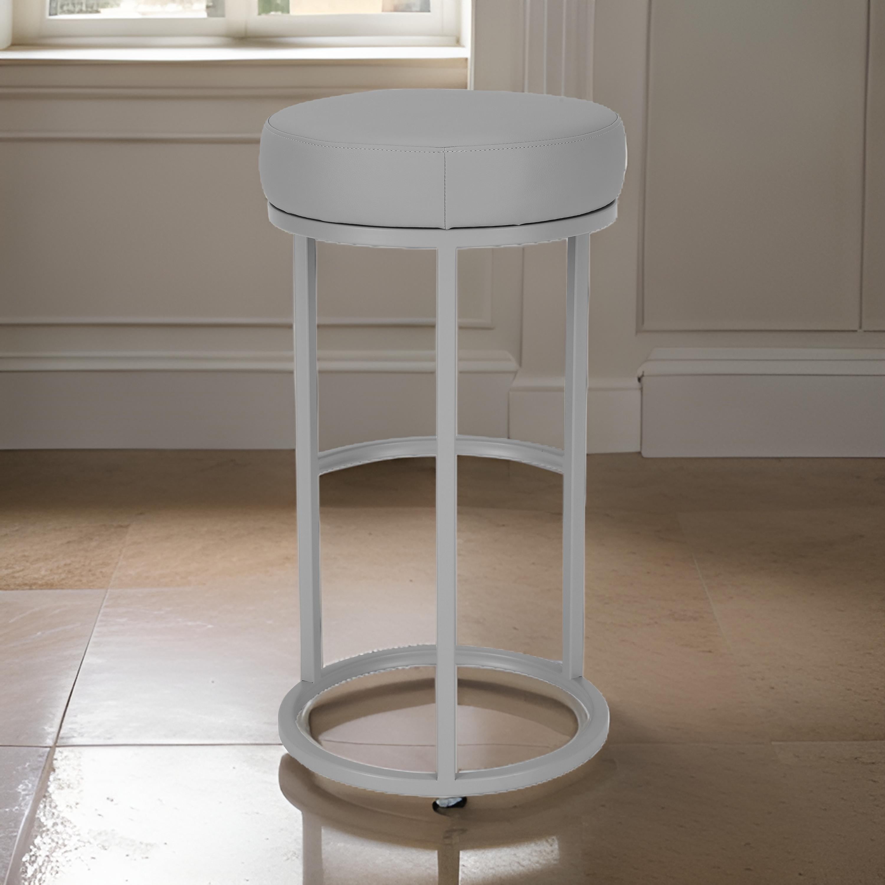 Benjara Tane 30 Inch Barstool, Round Gray Faux Leather Padded Seat, Gray Metal Base
