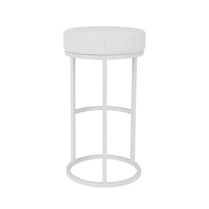 Benjara Tane 30 Inch Bar Stool, Round Padded Seat, White Faux Leather, Metal