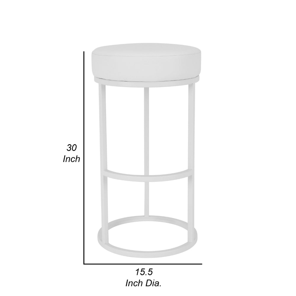 Benjara Tane 30 Inch Bar Stool, Round Padded Seat, White Faux Leather, Metal