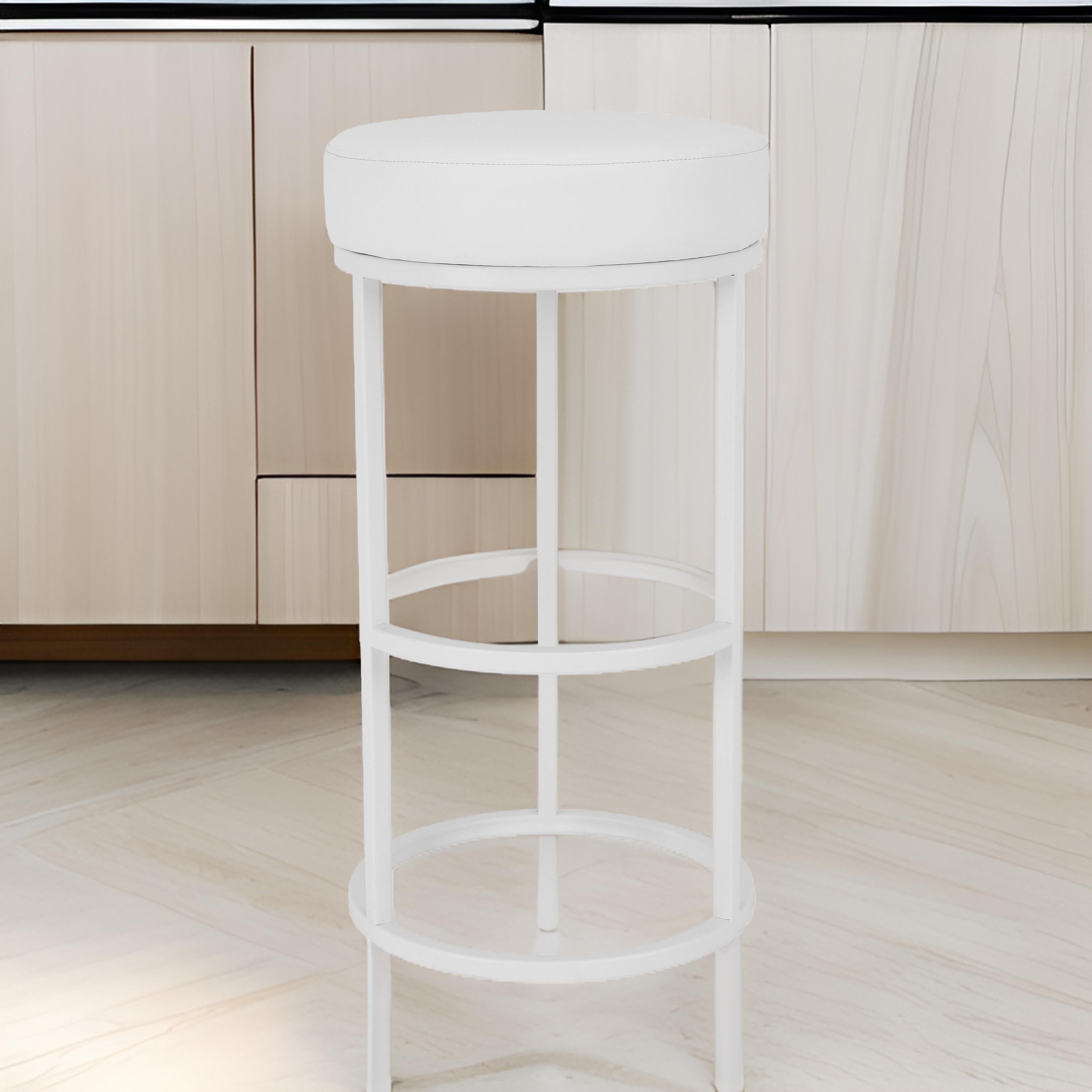 Benjara Tane 30 Inch Bar Stool, Round Padded Seat, White Faux Leather, Metal