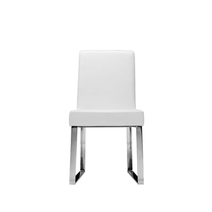 Benjara Ien 25 Inch Dining Chair Set of 2, Armless, White Faux Leather, Chrome