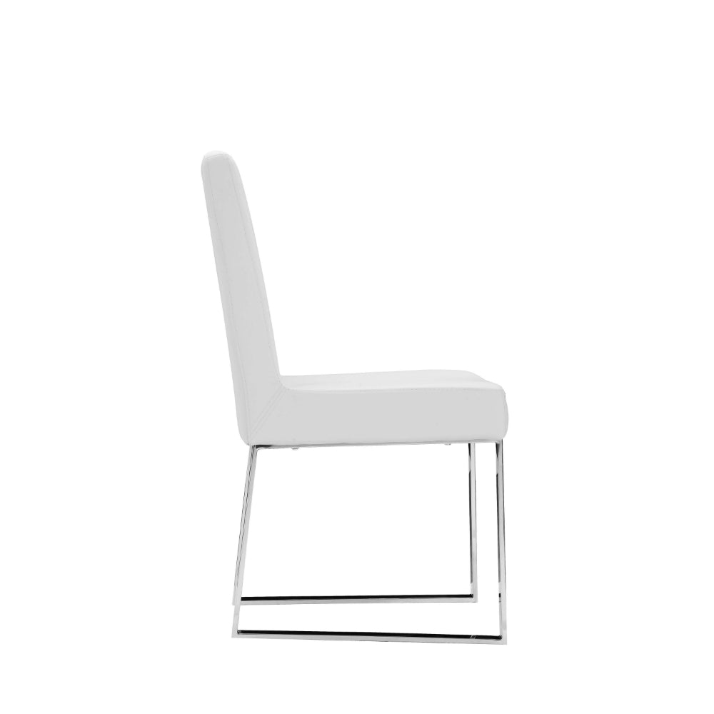 Benjara Ien 25 Inch Dining Chair Set of 2, Armless, White Faux Leather, Chrome