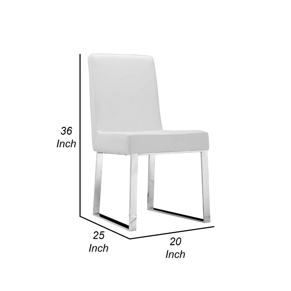 Benjara Ien 25 Inch Dining Chair Set of 2, Armless, White Faux Leather, Chrome
