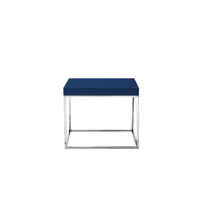 Benjara Zen 24 Inch Side End Table, Square, Polished Blue Top, Chrome Metal Finish