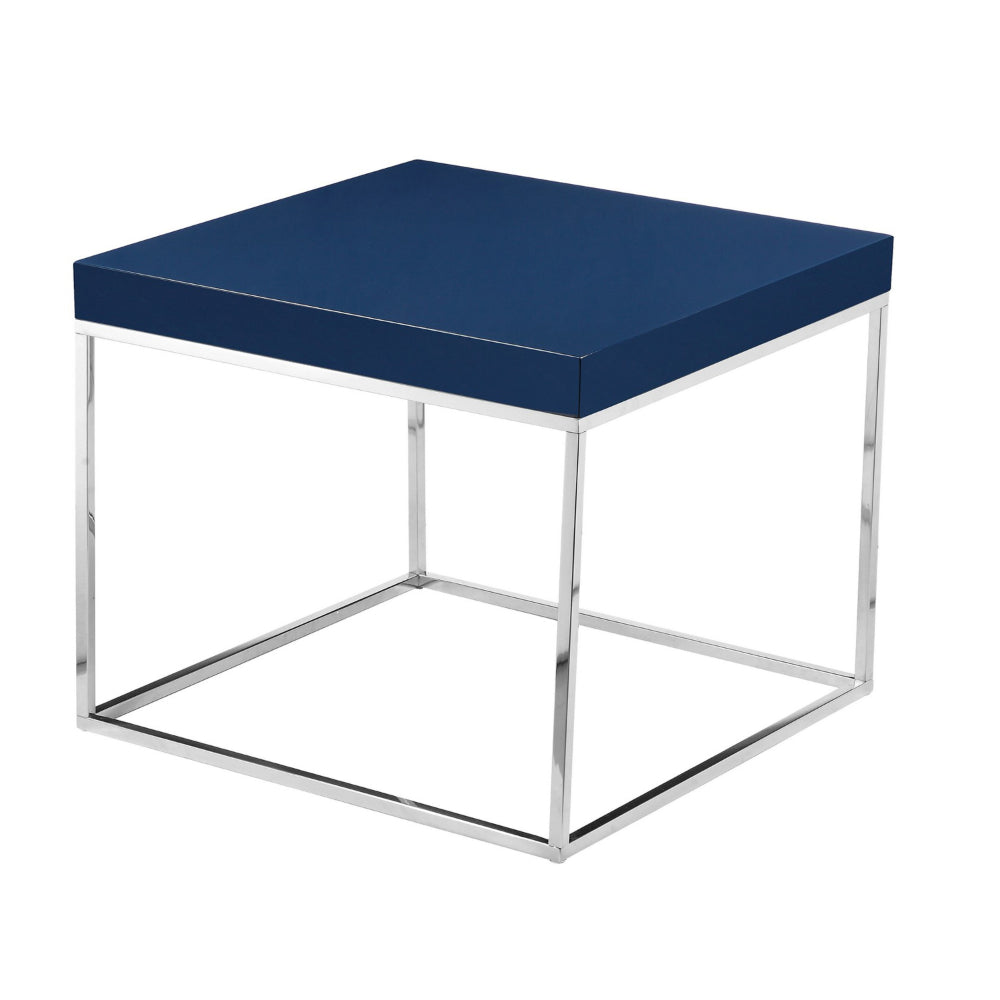 Benjara Zen 24 Inch Side End Table, Square, Polished Blue Top, Chrome Metal Finish