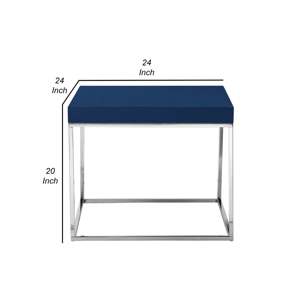 Benjara Zen 24 Inch Side End Table, Square, Polished Blue Top, Chrome Metal Finish