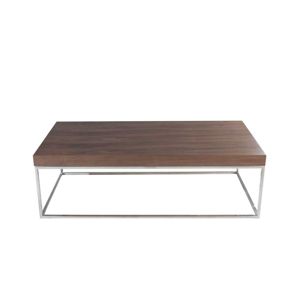 Benjara Zen 48 Inch Coffee Table, Rectangular, Chrome Base, Walnut Brown Wood Top