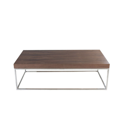 Benjara Zen 48 Inch Coffee Table, Rectangular, Chrome Base, Walnut Brown Wood Top