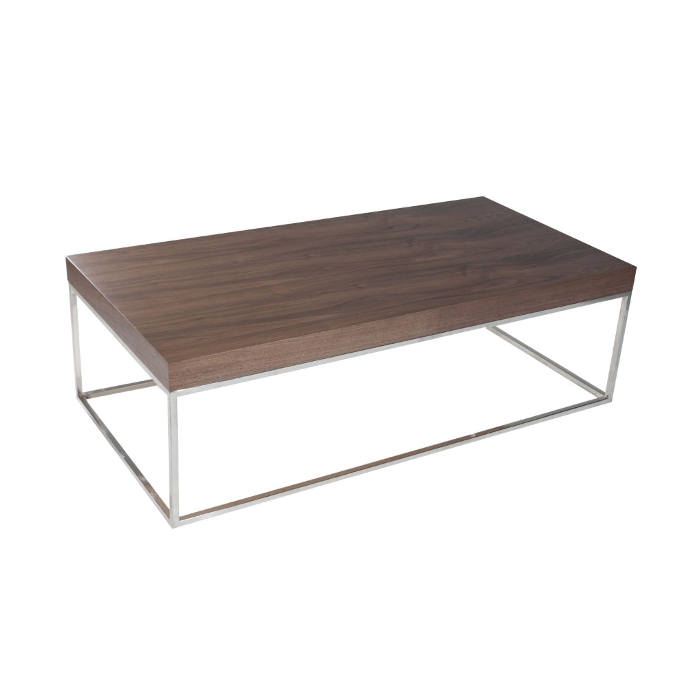 Benjara Zen 48 Inch Coffee Table, Rectangular, Chrome Base, Walnut Brown Wood Top