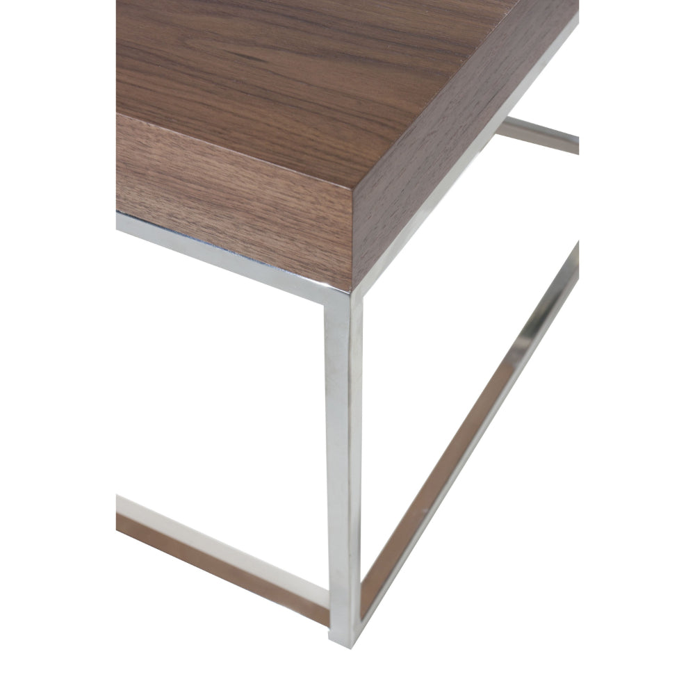 Benjara Zen 48 Inch Coffee Table, Rectangular, Chrome Base, Walnut Brown Wood Top