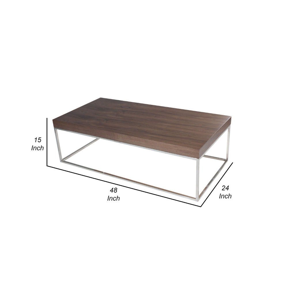 Benjara Zen 48 Inch Coffee Table, Rectangular, Chrome Base, Walnut Brown Wood Top